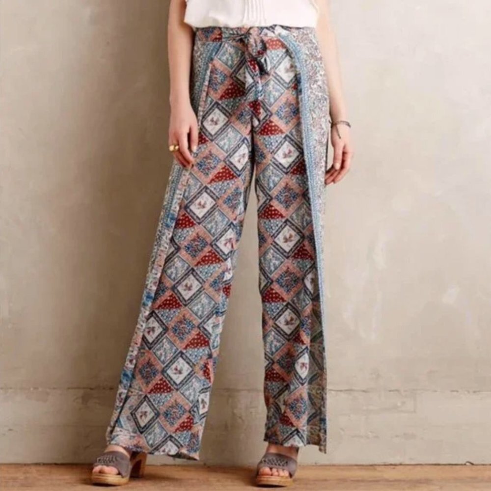 Nwt Anthropologie Elevenses Wide Leg Wrap Pants Floral Sheer Botanical Size 2